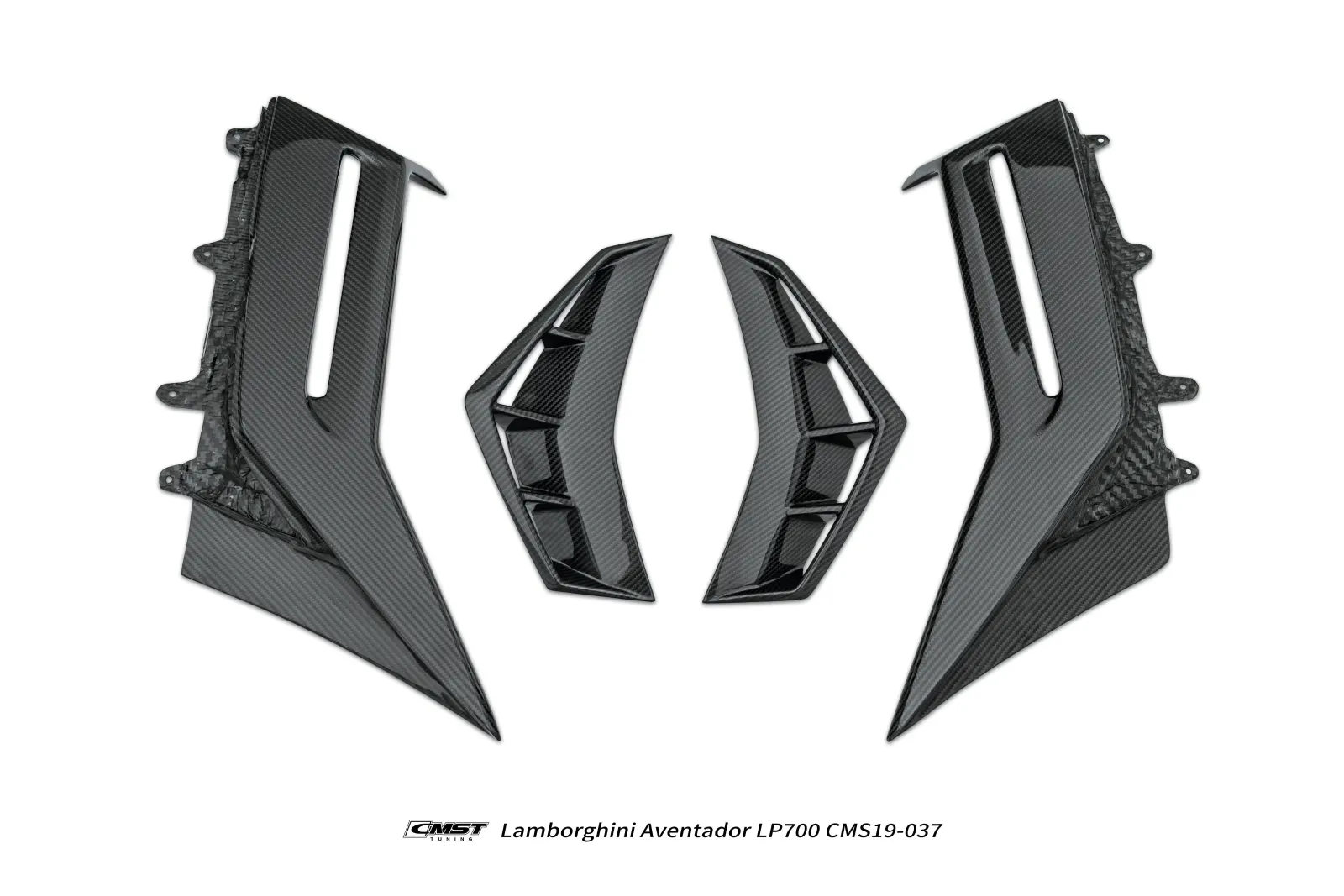 Set of gloss carbon fiber arch vents and widened fender panels laid out on a white background