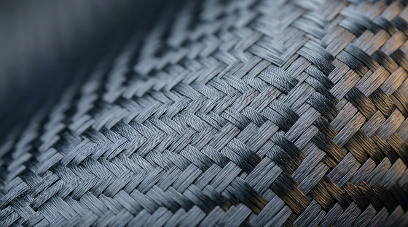 Macro view of a carbon fiber weave surface, the material behind every panel on this factory floor