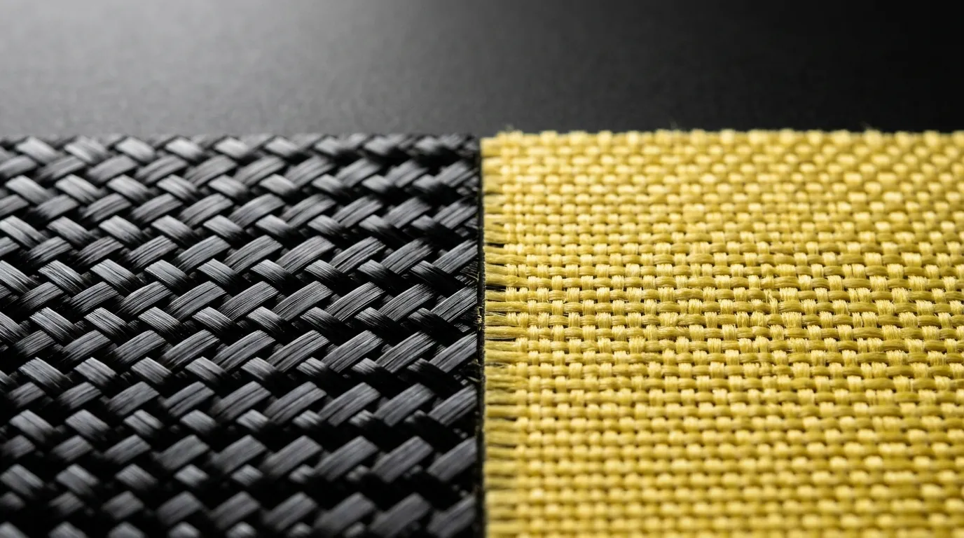 Macro view of glossy black carbon fiber twill weave beside a golden aramid weave, split by a clean seam