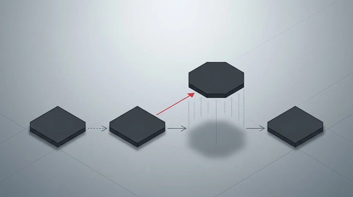 Abstract isometric cover: four gray plates in a row with one lifted out by a red arrow
