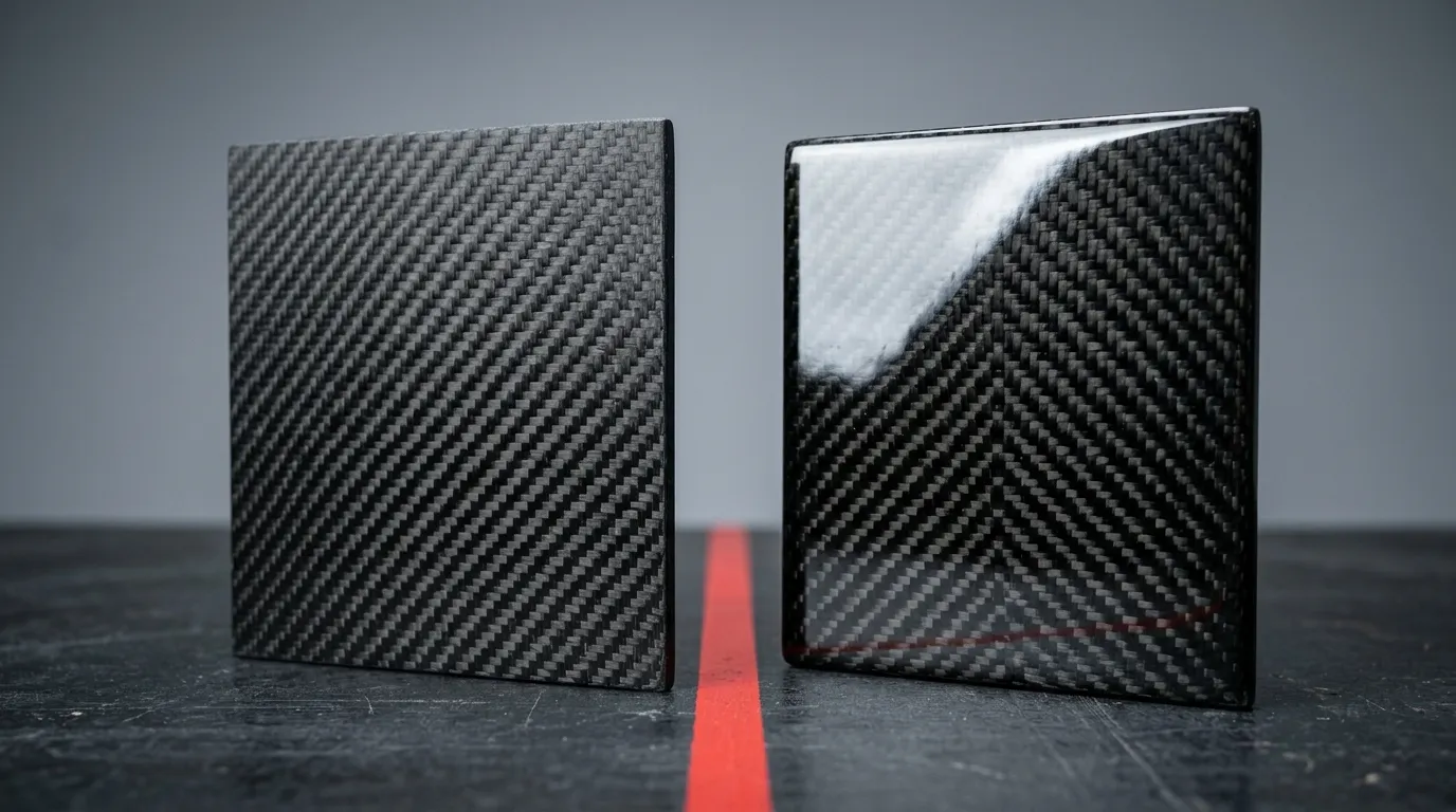 Two carbon fiber panels side by side on a workshop bench, one bare twill weave and one high-gloss clear coated